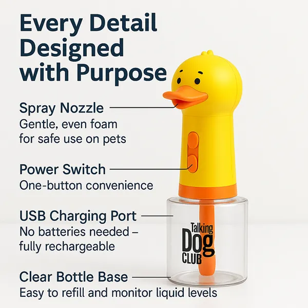 Talking Dog Club Oh Duck Shampoo Dispenser Spray with Free Bath brush for Dogs and Cats (Yellow) - Image 6