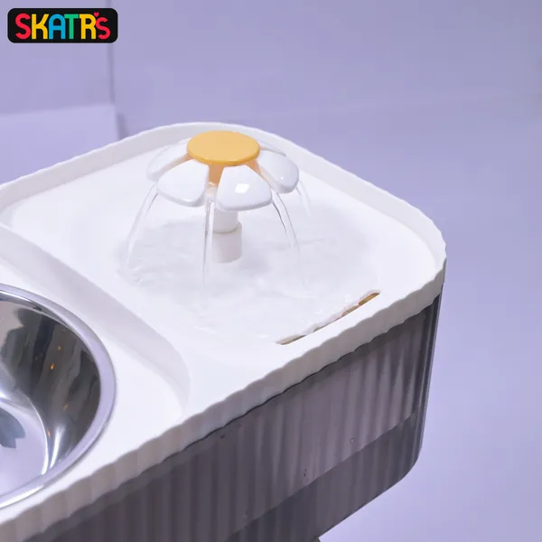 Skatrs Water Fountain with Food Bowl & Adapter for Dogs and Cats (Grey/White) - Image 6