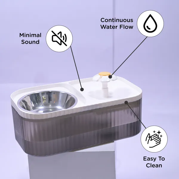 Skatrs Water Fountain with Food Bowl & Adapter for Dogs and Cats (Grey/White) - Image 5