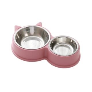 Pet Vogue Double Stainless Steel Non-Slip Bowl for Cats (Pink)