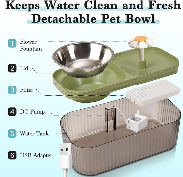 Pet Vogue Exclusive Water Fountain and Food Bowl with Ultra-Quiet Water Dispenser for Cats and Small Dogs (Green) - Image 5