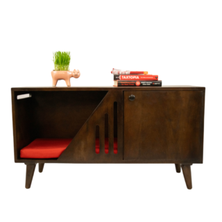FurryLiving Benji Cabinet with Cushion for Small Dogs and Cats (Dark Brown/Red Cushion)