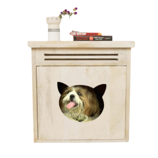 FurryLiving Meraki Cabinet with Cushion for Small Dogs and Cats (Oak/ Red Cushion)
