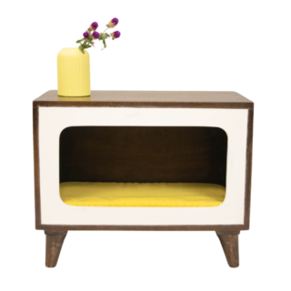 FurryLiving Telly Side Table with Cushion for Small Dogs and Cats (Dark Brown/Yellow Cushion)