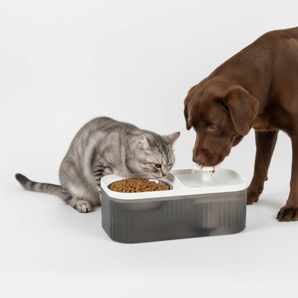 Skatrs Water Fountain with Food Bowl & Adapter for Dogs and Cats (Grey/White) - Image 3