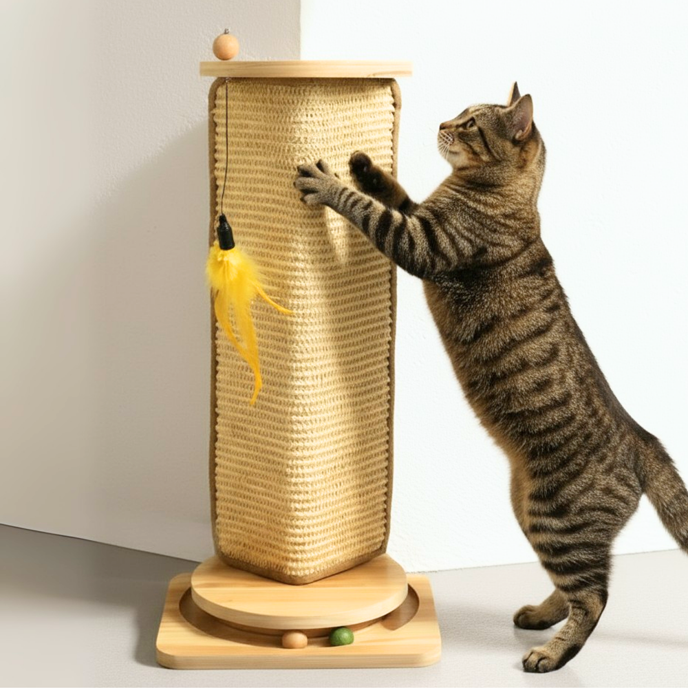 FurryLiving Cat Wall Scratcher Plus Space Saving Design for Wall Corners with Toys (Oak)