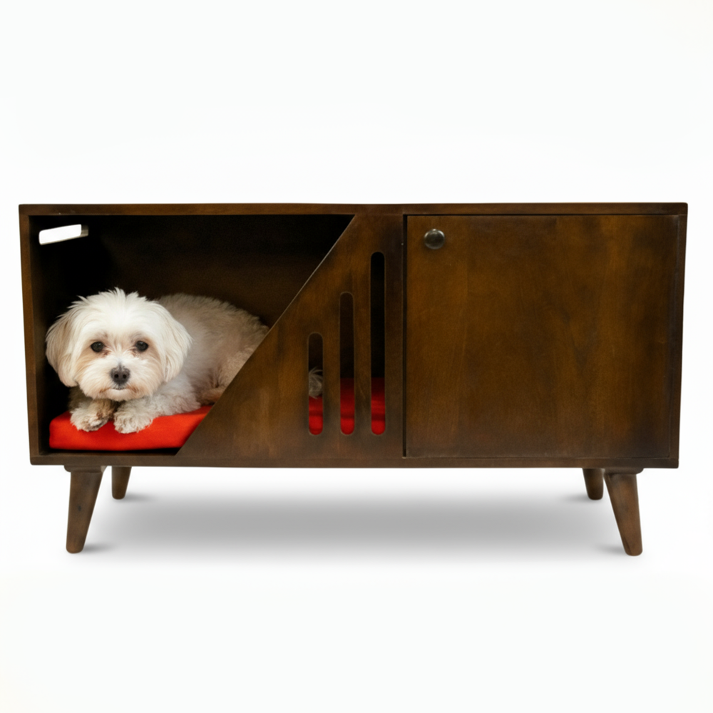 FurryLiving Benji Cabinet with Cushion for Small Dogs and Cats (Dark Brown/Red Cushion)