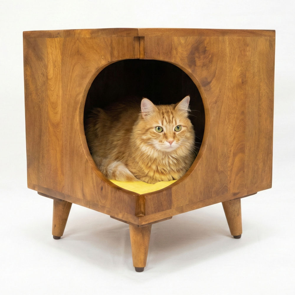 FurryLiving Wally Side Table with Cushion for Small Dogs and Cats (Honey/Yellow Cushion)