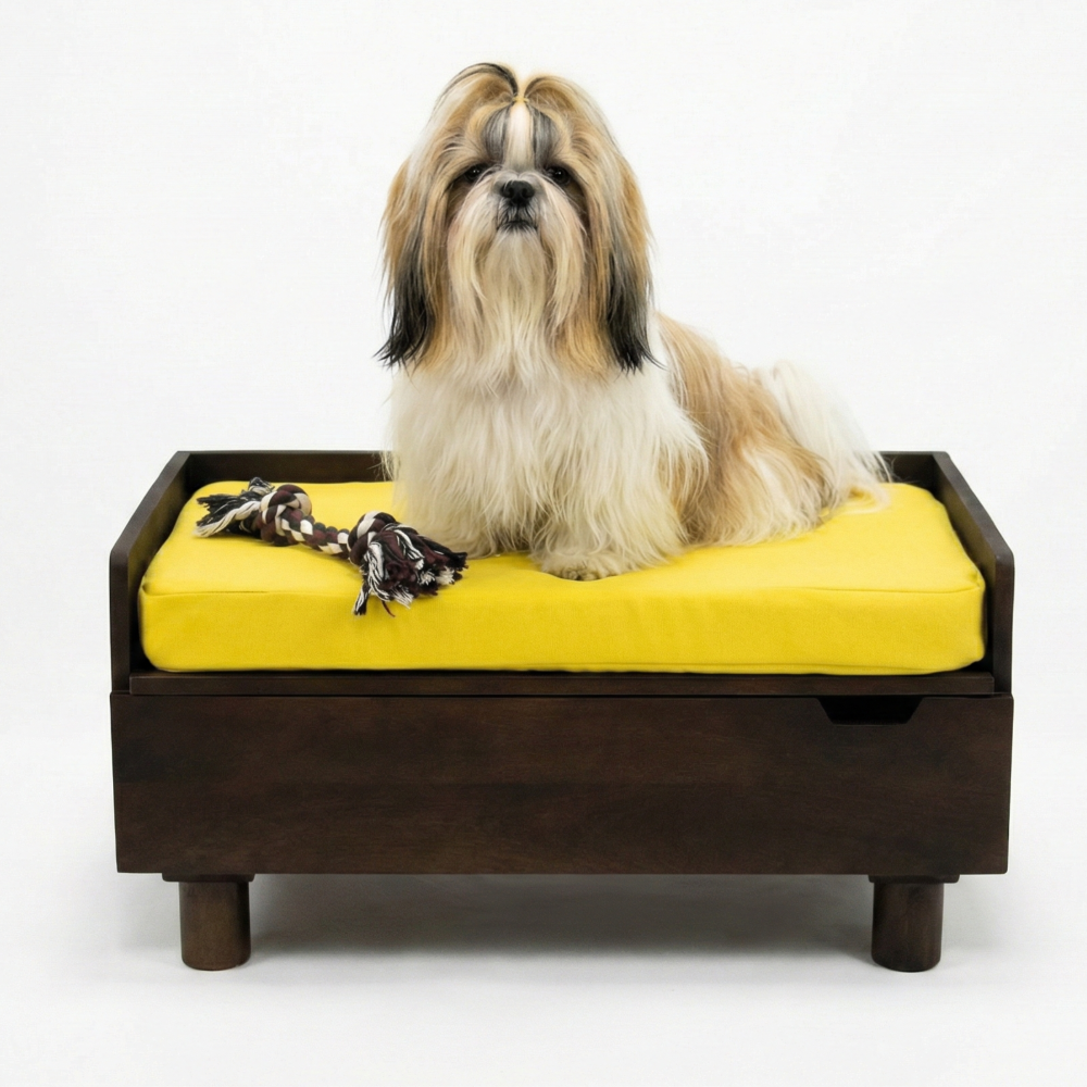 FurryLiving Hibachi Dark Brown Bed with Storage for Dogs (Dark Brown/Yellow Cushion)