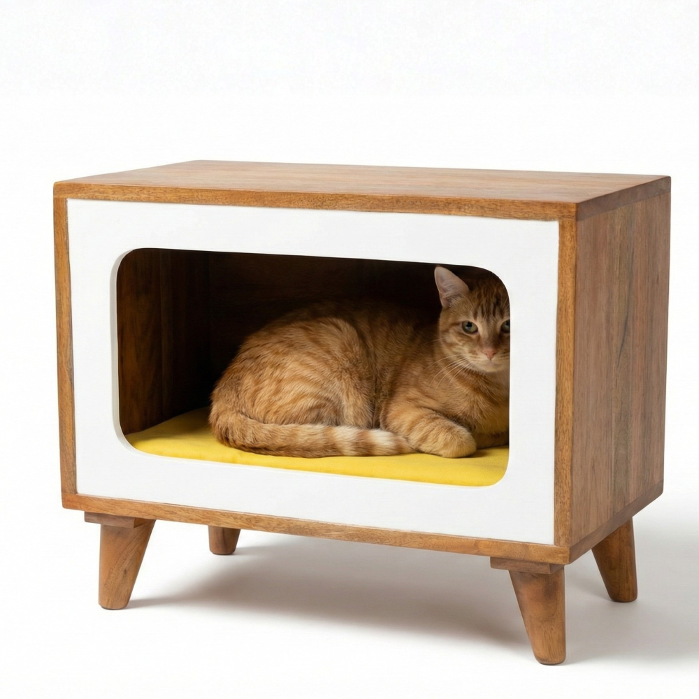 FurryLiving Telly Side Table with Cushion for Small Dogs and Cats (Honey/Yellow Cushion)