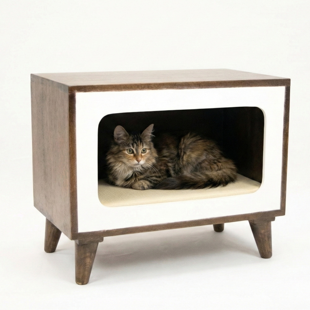 FurryLiving Telly Side Table with Cushion for Small Dogs and Cats (Dark Brown/Cream Cushion)