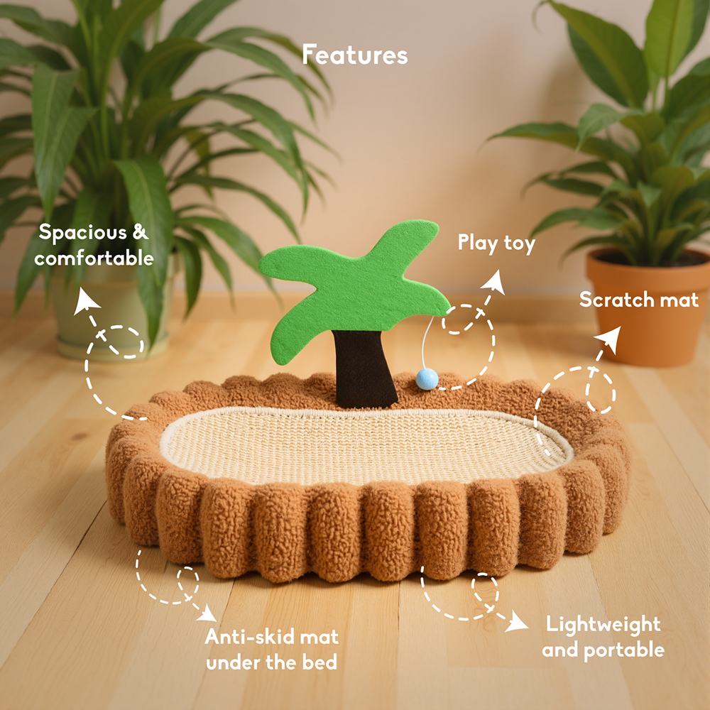 FurryLiving Aloha Bed & Scratcher Mat with Ball Toy for Cats(Brown) - Image 2