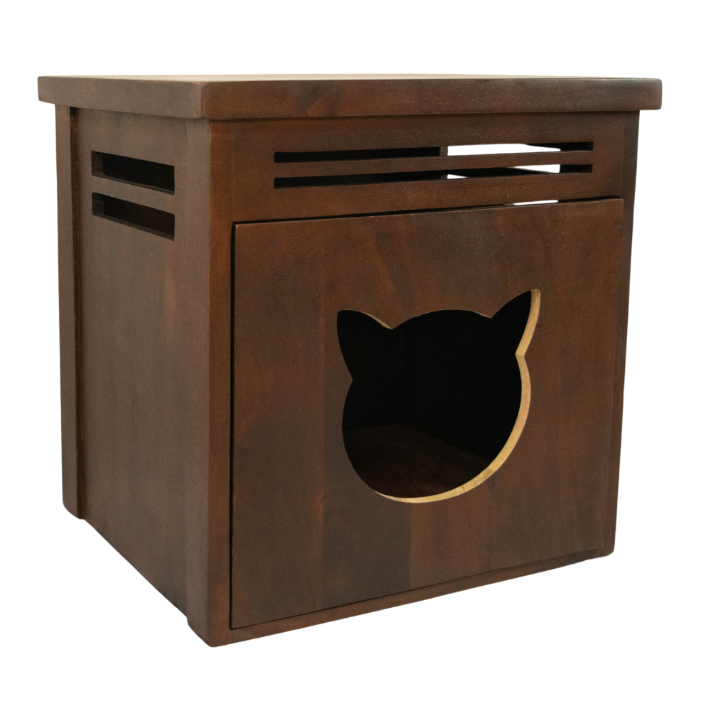 FurryLiving Meraki Cabinet with Cushion for Small Dogs and Cats (Dark Brown/ Red Cushion)