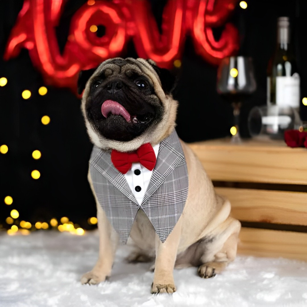 Dogobow Checked Tuxedo Vest Bandana for Dogs (Grey) (Get a Bow Free)