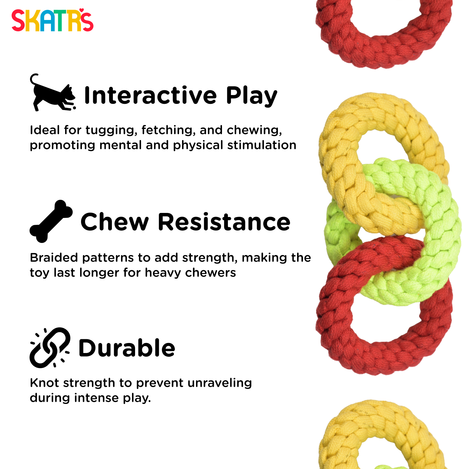 Skatrs Triple Ring Rope Chew Toy for Dogs and Cats (Neon Green/Red/Yellow) - Image 3