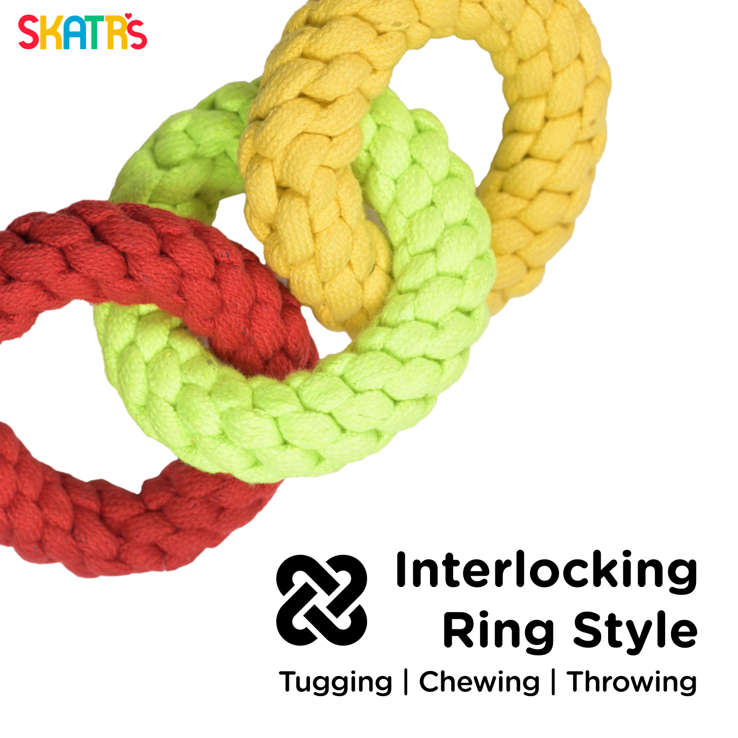Skatrs Triple Ring Rope Chew Toy for Dogs and Cats (Neon Green/Red/Yellow) - Image 2