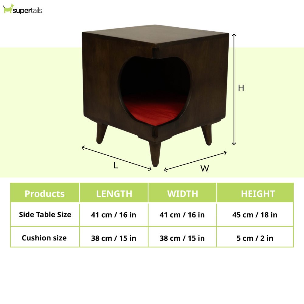 FurryLiving Wally Side Table with Cushion for Small Dogs and Cats (Dark Brown/Red Cushion)