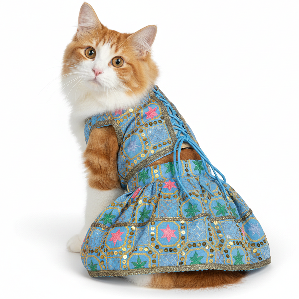 Pawsindia Traditional Desi Diva Lehenga Choli Set for Cats (Sky Blue)