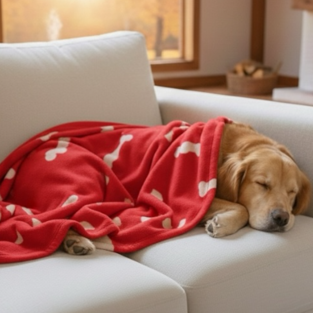Talking Dog Club Bone Print Viscose Blanket For Dogs Red And Grey Bone