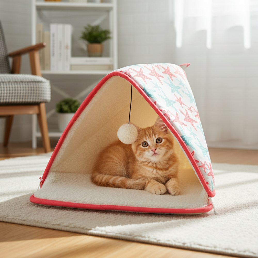 Skatrs Cozy Tent for Cats, Kittens and Small Dogs (Coral Red and Blue)
