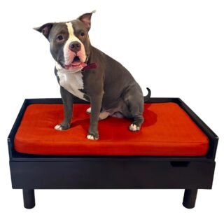 FurryLiving Hibachi Bed with Storage for Dogs (Dark Brown/Red Cushion)