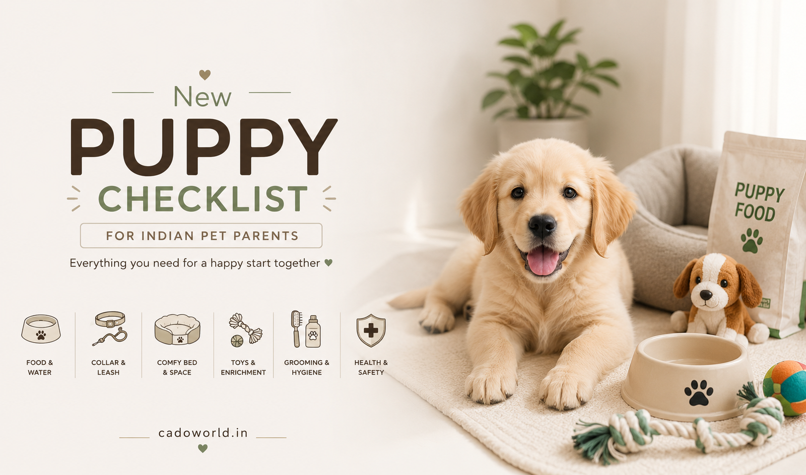 New puppy checklist essentials — bowl, bed, collar, and toys for Indian pet parents