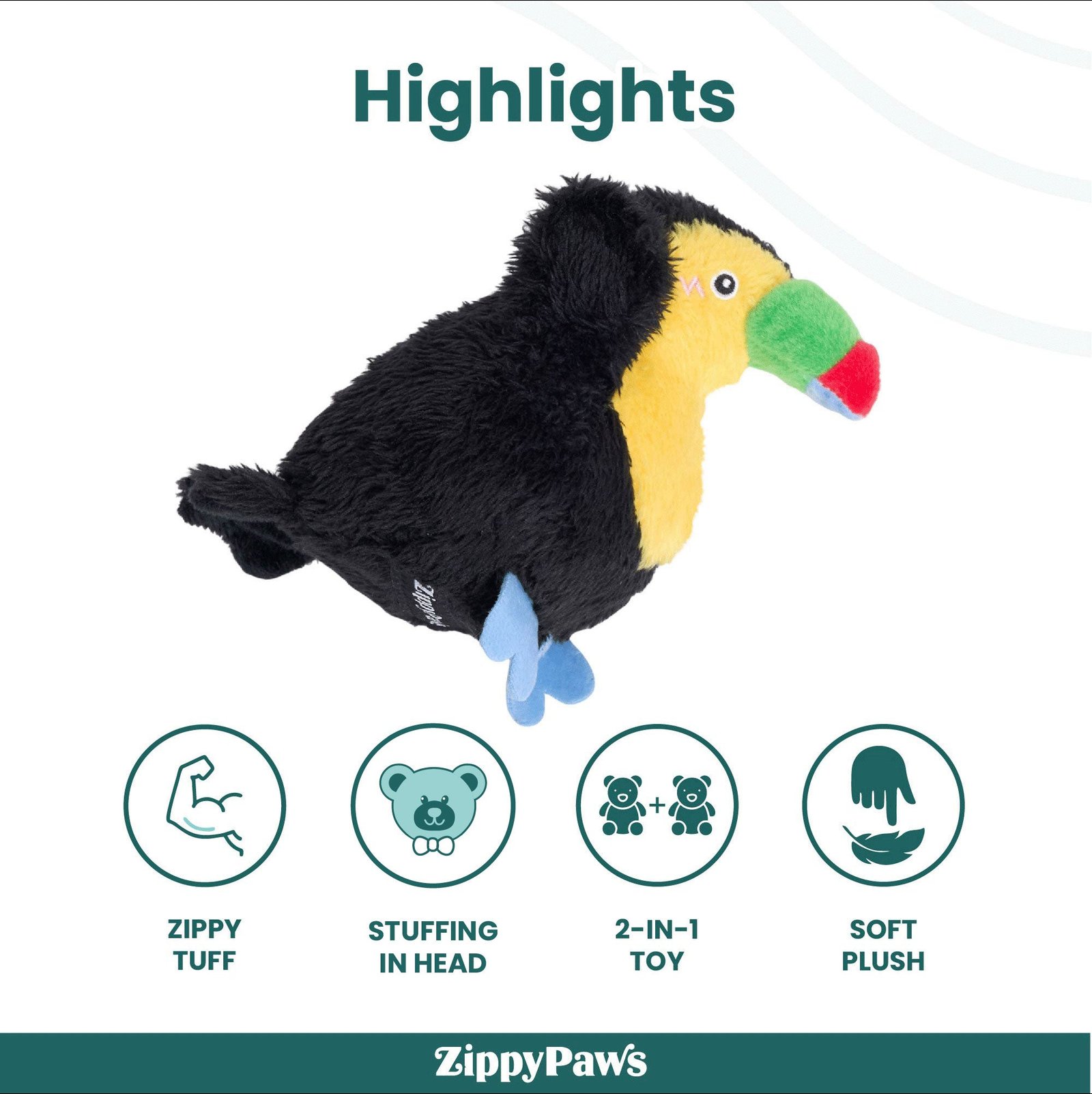 Zippy Paws ZippyTuff 2 in 1 Birdiez Toucan Plush Toy for Dogs - Image 2